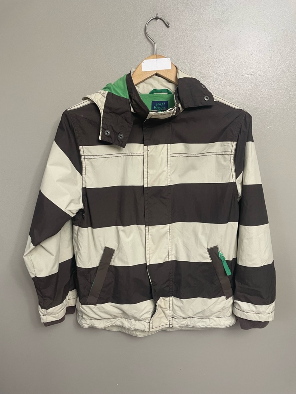 Mini Boden Hooded Rain Jacket Sz 9-10 YR unisex brown striped full zip lined